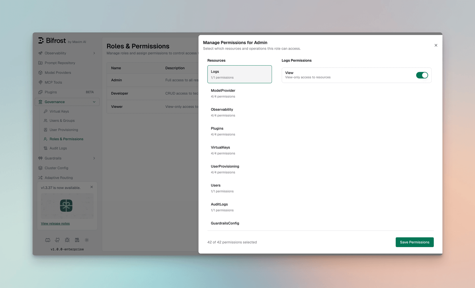 Manage Permissions dialog showing resource-based permission assignment