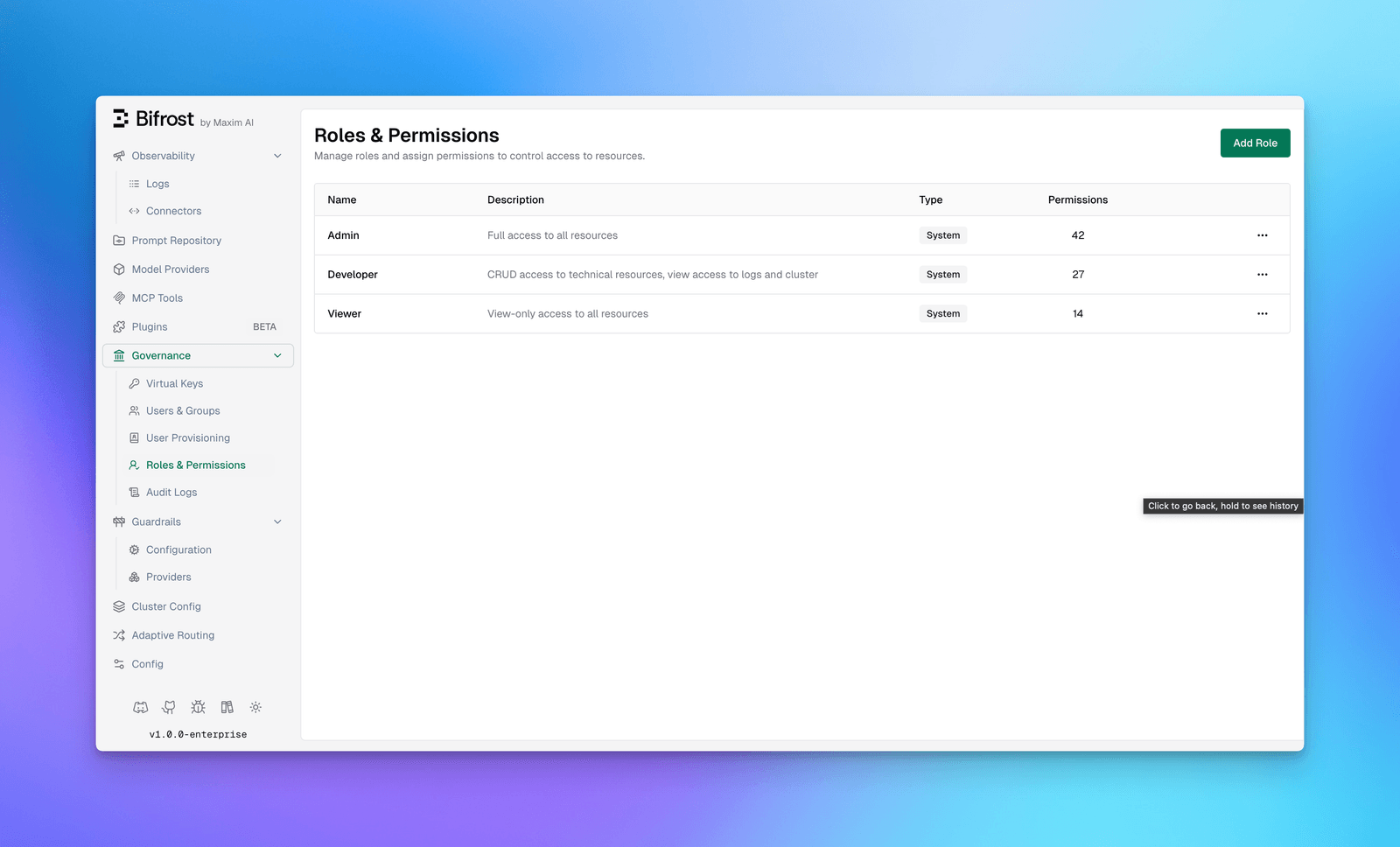 Roles & Permissions management interface showing system roles