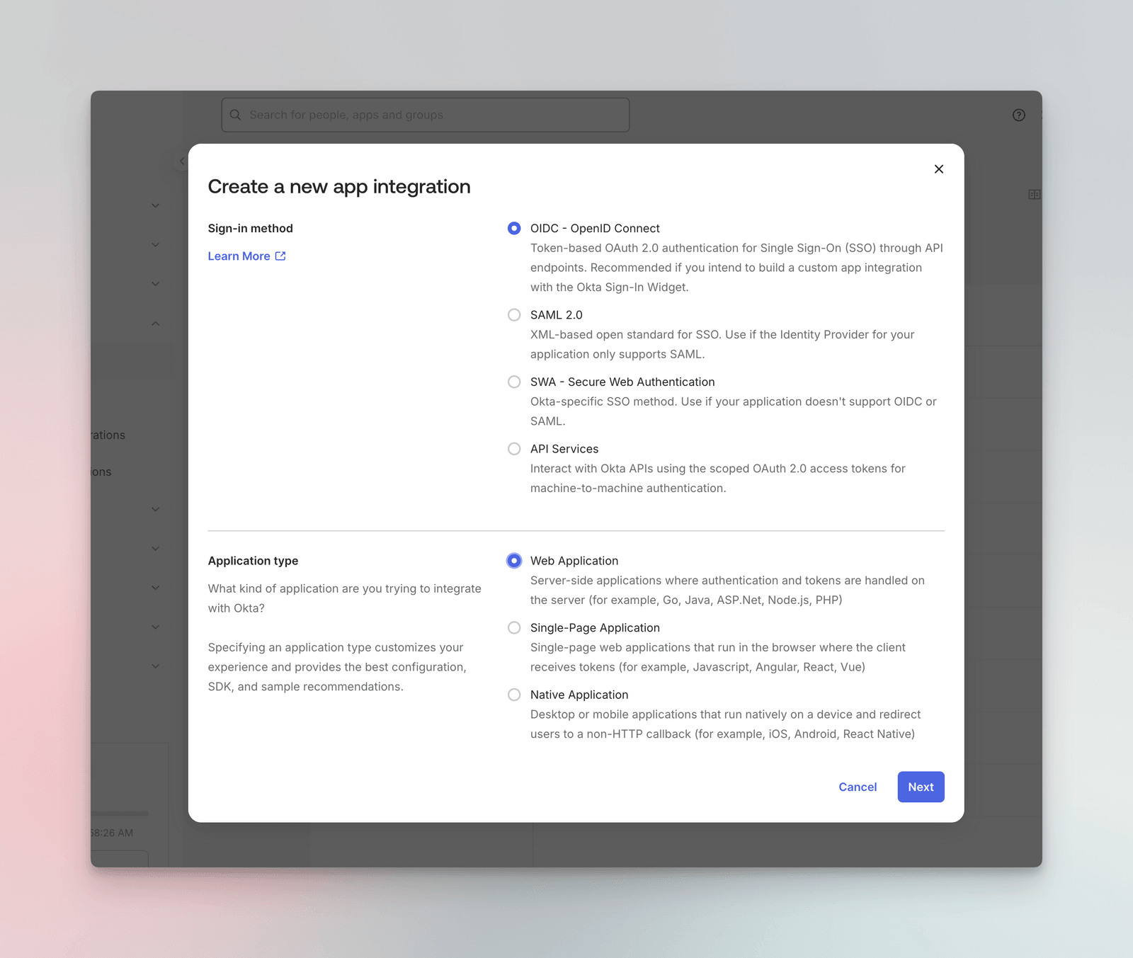 Create new app integration dialog